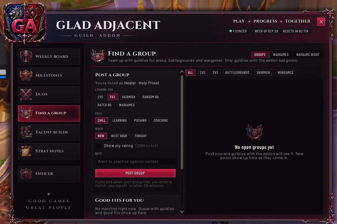 The addon's Find a group tab in game, showing the post a group form
