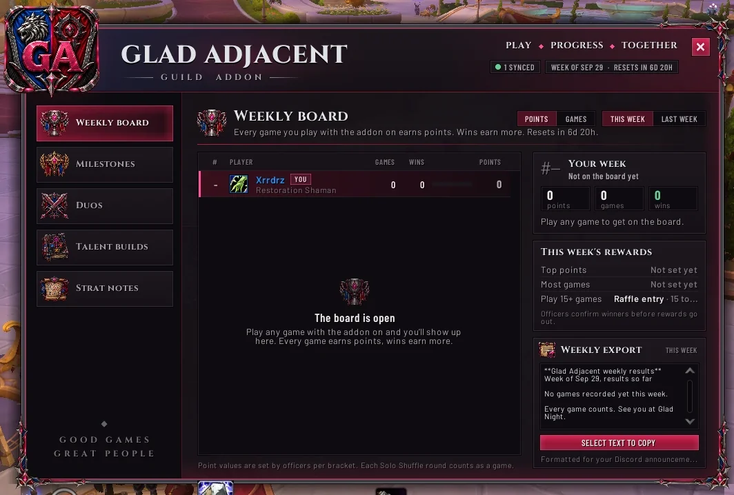The addon's weekly board in game, with the crest, tab rail and weekly rewards